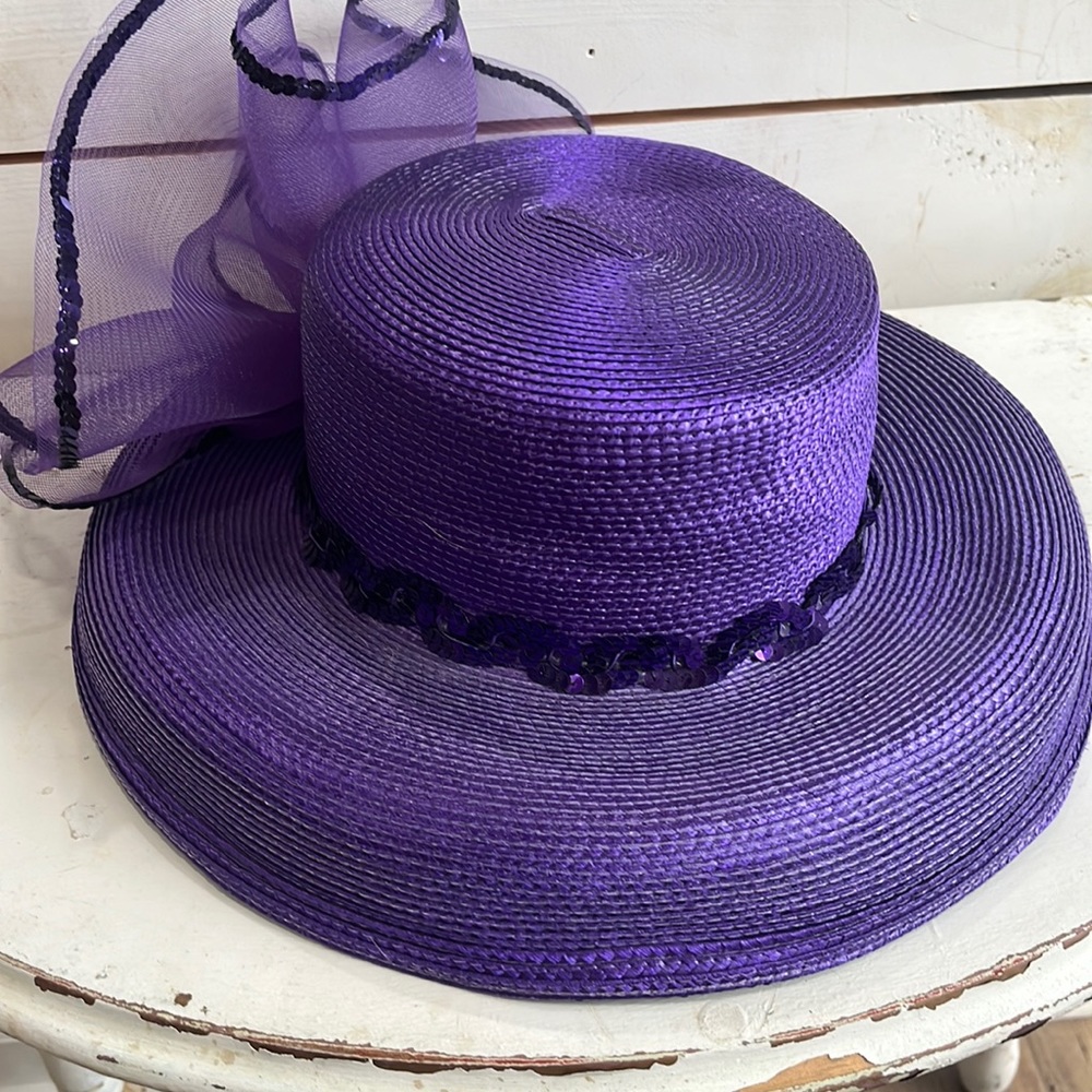 Royal Purple Fancy Kentucky Derby Hat w/ Mesh Bow & Sequins- Sunday Easter Hat